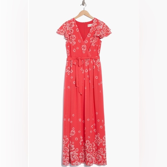 Eliza J Floral Flutter Sleeve Faux Wrap Maxi Dress - Picture 3 of 6